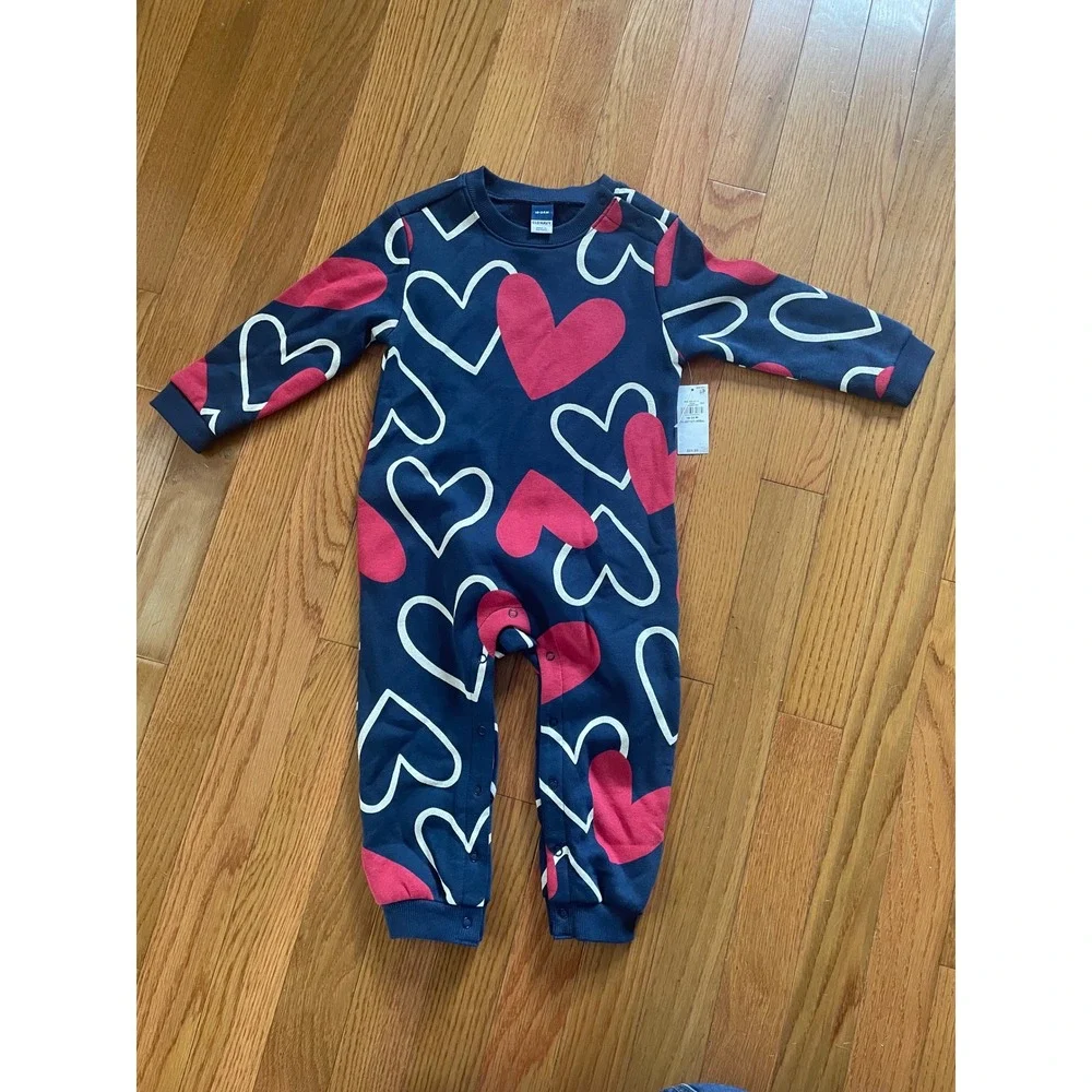 Old Navy Baby Navy Blue Heart Print Fleece Sweatshirt Jumpsuit 18-24M NWT